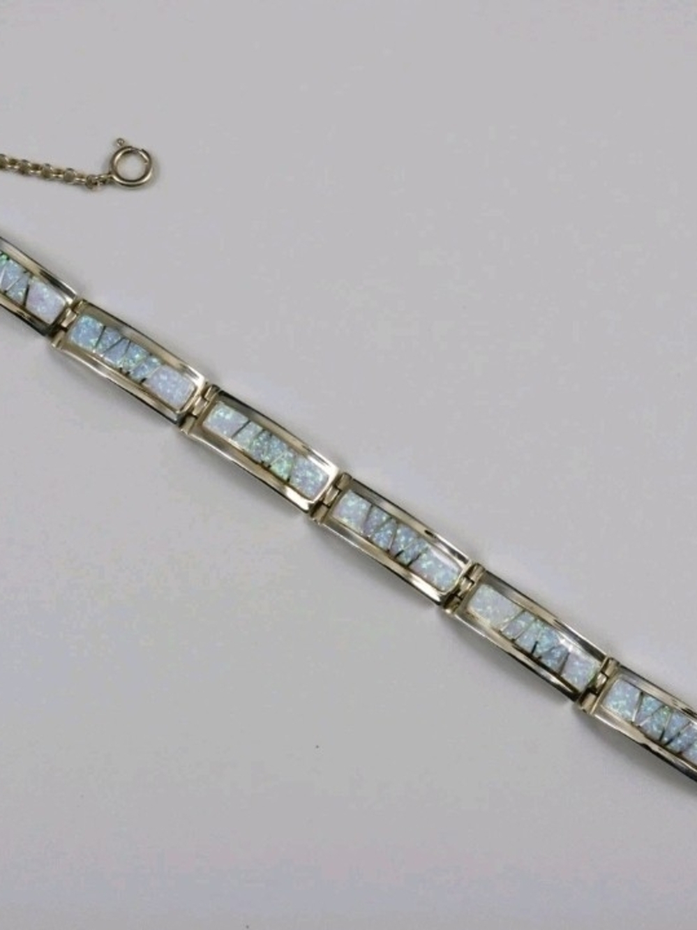 Vintage Sterling Silver White Opal Inlay Link Bracelet